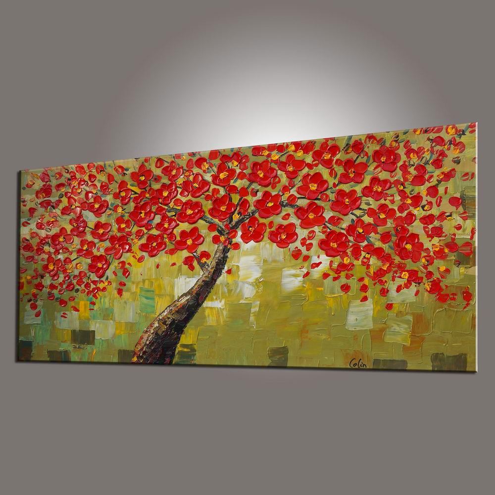 Original Floral Painting Stretched Canvas Thick Acrylic Paints Palette  Knife Strokes Abstract Wall Art 12x16 RED FLORAL DOLLOPS 