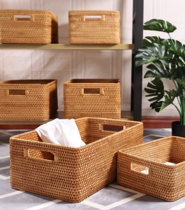 Rectangular Storage Basket with Lid, Rattan Storage Basket for