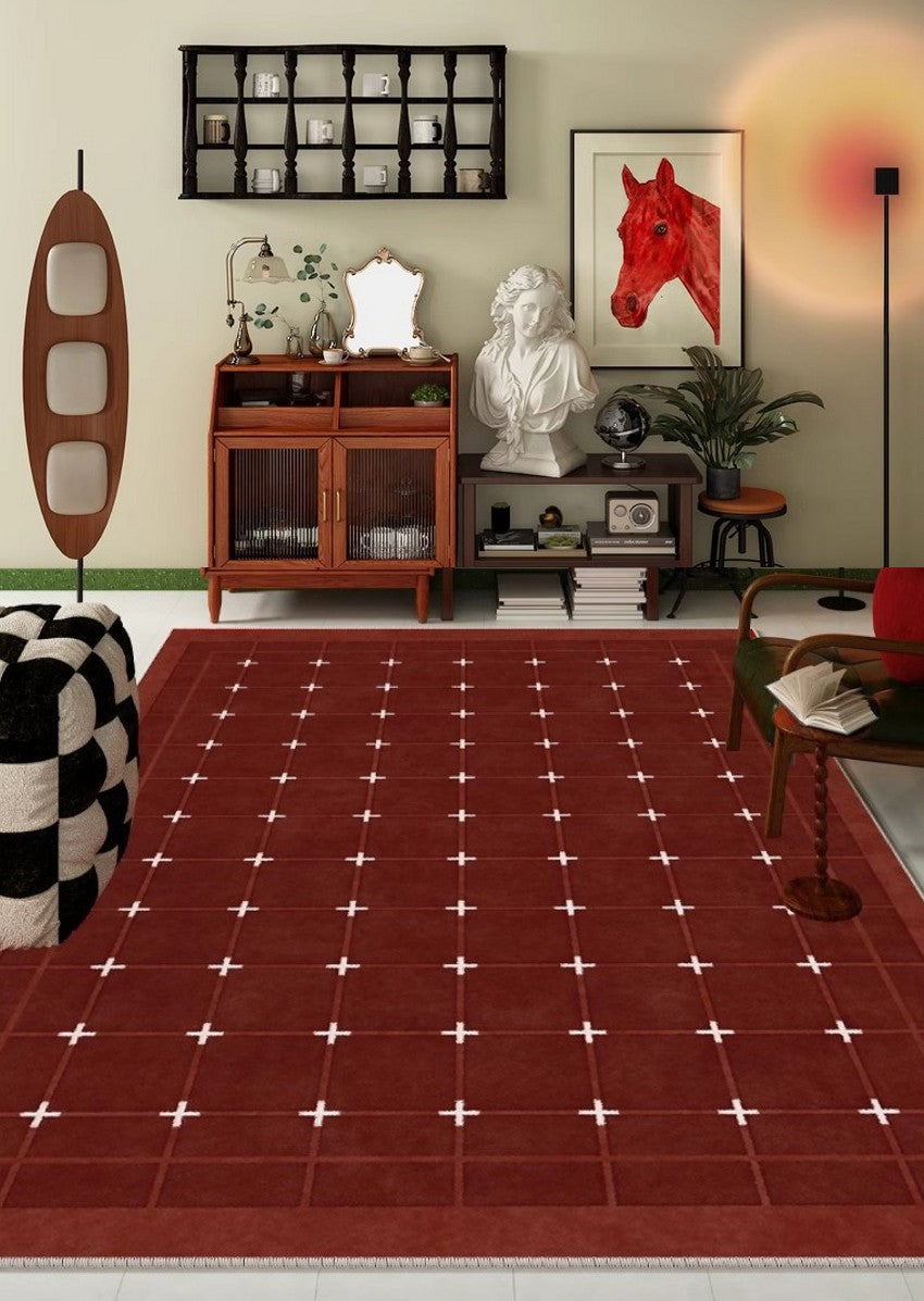 Abstract Area Rugs for Living Room, Geometric Contemporary Modern Carpets Next to Bed, Mid Century Red Rugs under Dining Room Table-artworkcanvas