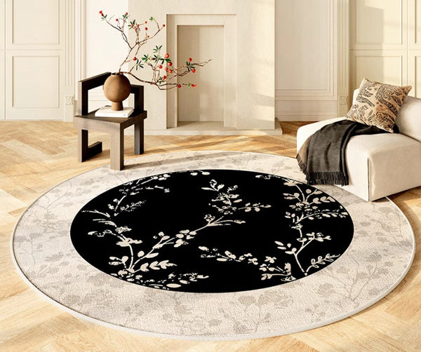 Contemporary Round Rugs for Dining Room, Flower Pattern Round Carpets under Coffee Table, Circular Modern Rugs for Living Room, Modern Area Rugs for Bedroom-artworkcanvas