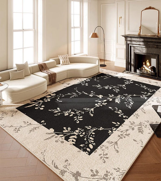 Contemporary Floor Carpets for Living Room, Large Modern Rugs for Sale, Dining Room Modern Rugs, Black Flower Pattern Geometric Modern Rugs in Bedroom-artworkcanvas