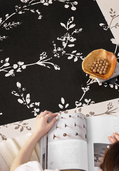 Contemporary Floor Carpets for Living Room, Large Modern Rugs for Sale, Dining Room Modern Rugs, Black Flower Pattern Geometric Modern Rugs in Bedroom-artworkcanvas