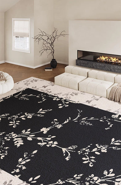 Contemporary Floor Carpets for Living Room, Large Modern Rugs for Sale, Dining Room Modern Rugs, Black Flower Pattern Geometric Modern Rugs in Bedroom-artworkcanvas