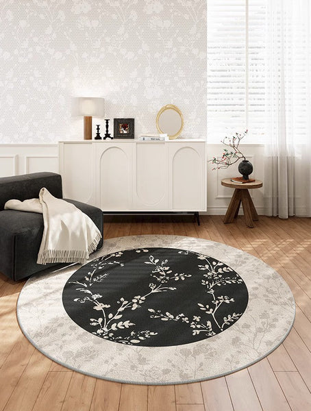 Contemporary Round Rugs for Dining Room, Flower Pattern Round Carpets under Coffee Table, Circular Modern Rugs for Living Room, Modern Area Rugs for Bedroom-artworkcanvas