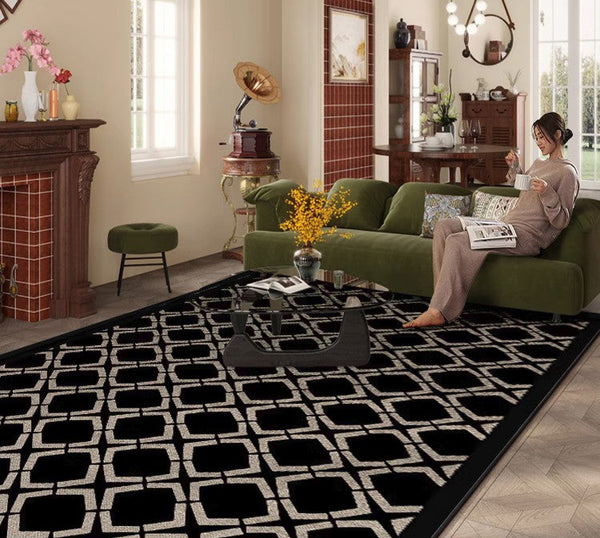 Abstract Contemporary Rugs for Bedroom, Modern Area Rugs under Sofa, Modern Black Rugs for Living Room, Dining Room Floor Rugs, Modern Carpets for Office-artworkcanvas