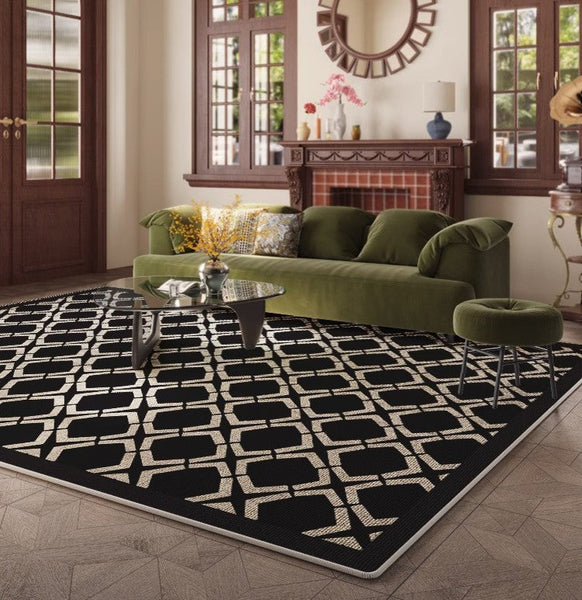 Abstract Contemporary Rugs for Bedroom, Modern Area Rugs under Sofa, Modern Black Rugs for Living Room, Dining Room Floor Rugs, Modern Carpets for Office-artworkcanvas