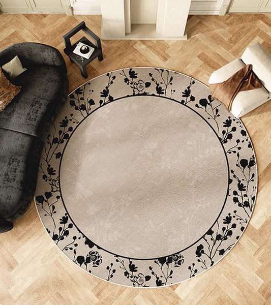 Flower Pattern Round Carpets under Coffee Table, Contemporary Round Rugs for Dining Room, Circular Modern Rugs for Living Room, Modern Area Rugs for Bedroom-artworkcanvas