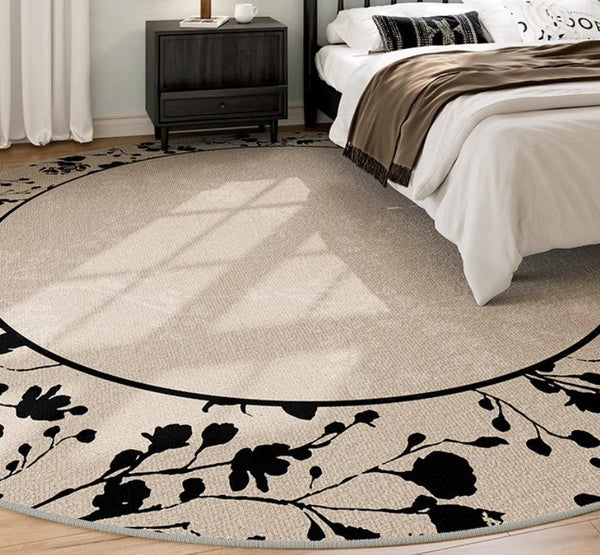 Flower Pattern Round Carpets under Coffee Table, Contemporary Round Rugs for Dining Room, Circular Modern Rugs for Living Room, Modern Area Rugs for Bedroom-artworkcanvas