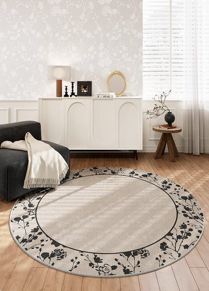 Flower Pattern Round Carpets under Coffee Table, Contemporary Round Rugs for Dining Room, Circular Modern Rugs for Living Room, Modern Area Rugs for Bedroom-artworkcanvas