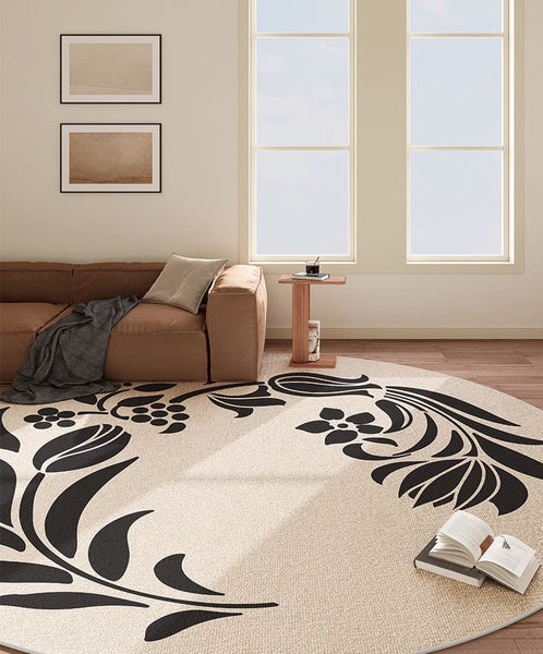Large Modern Area Rugs under Coffee Table, Dining Room Modern Rugs, Flower Pattern Modern Rugs for Bedroom, Abstract Round Rugs under Sofa-artworkcanvas