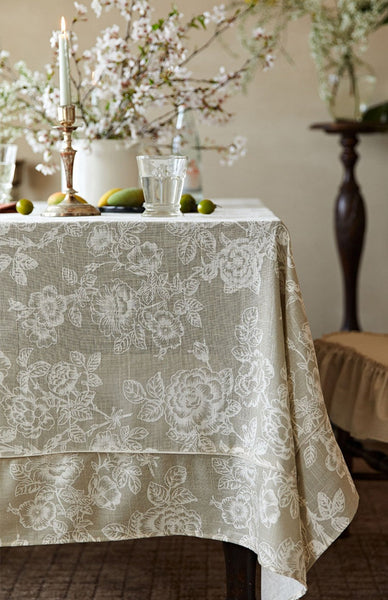 French Flower Pattern Tablecloth for Round Table, Vintage Rectangle Tablecloth for Dining Room Table, Rustic Farmhouse Table Cover for Kitchen-artworkcanvas