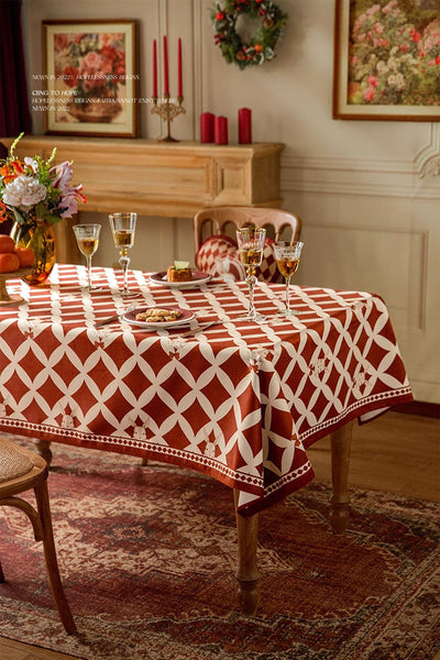 Holiday Red Tablecloth for Dining Table, Rabbit Pattern Table Cover for Dining Room Table, Modern Rectangle Tablecloth for Oval Table-artworkcanvas