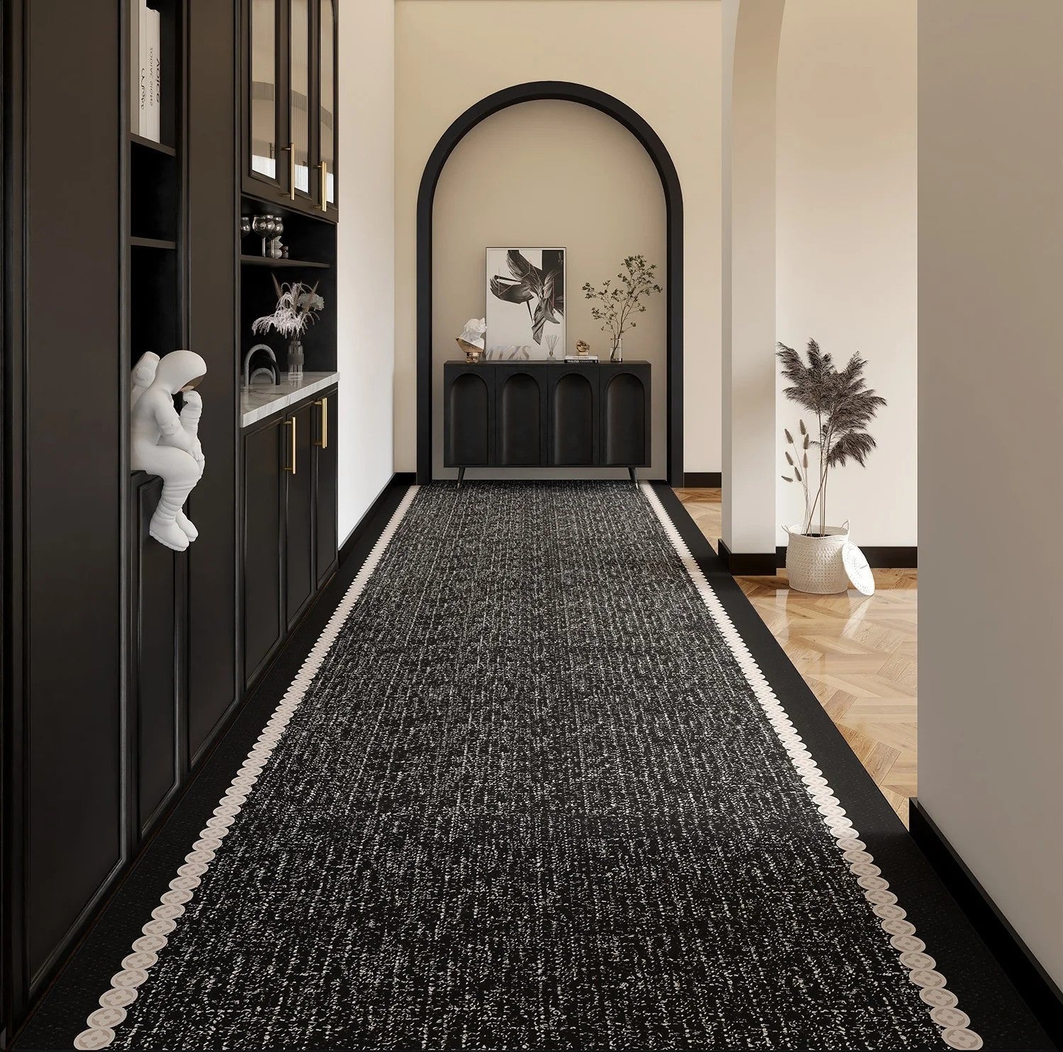 Easy Care Long Hallway Runners, Extra Long Narrow Runner Rugs, Modern Entryway Runner Rug Ideas, Geometric Modern Long Hallway Runners, Black Contemporary Runner Rugs-artworkcanvas