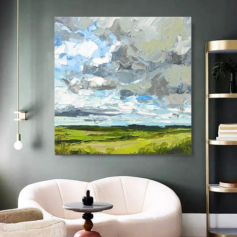 Large Acrylic Paintings for Bedroom, Heavy Texture Canvas Art, Abstract Landscape Painting, Grass Land under Sky Painting, Landscape Paintings for Living Room-artworkcanvas