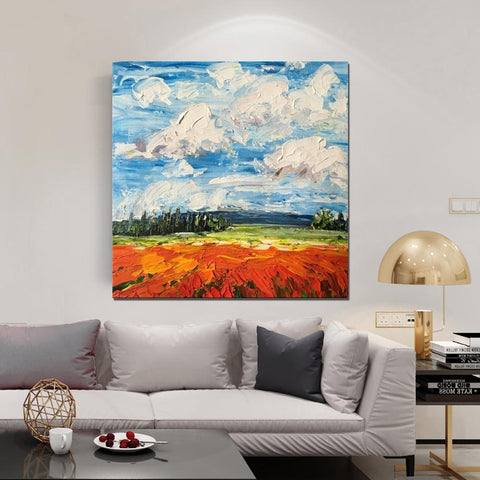 Abstract Landscape Painting, Landscape Paintings for Living Room, Red Poppy Field and Sky, Large Landscape Painting for Dining Room, Heavy Texture Painting-artworkcanvas