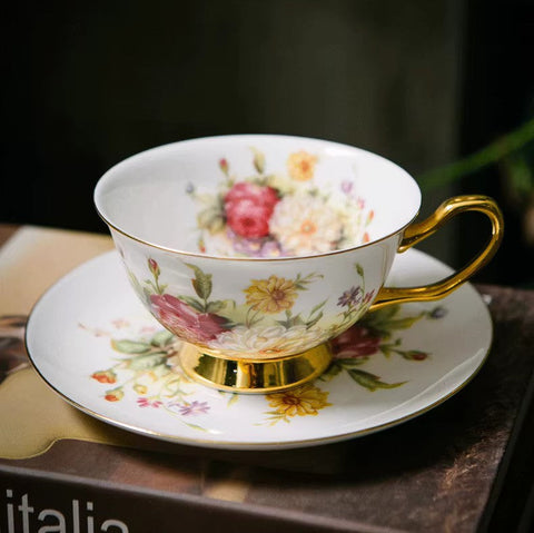 Elegant Rose Flower Ceramic Cups, Unique Royal Coffee Cup and Saucer, Creative Bone China Porcelain Tea Cup Set, Beautiful British Tea Cups-artworkcanvas