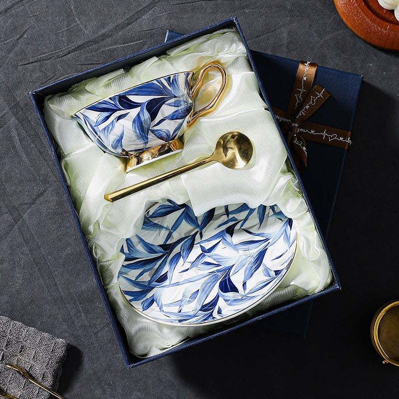 Blue Bone China Porcelain Tea Cup Set, Elegant British Ceramic Coffee Cups, Unique British Tea Cup and Saucer in Gift Box-artworkcanvas