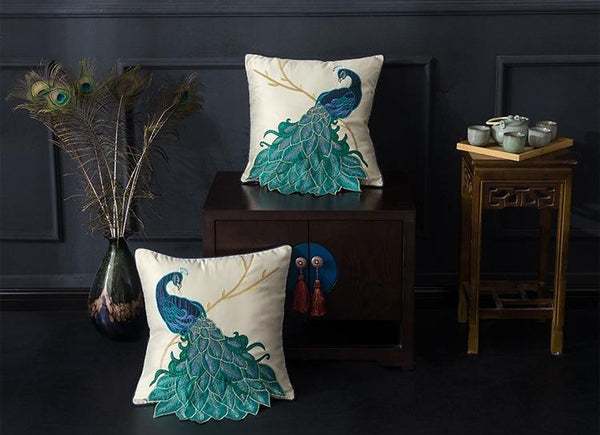 Beautiful Decorative Throw Pillows, Embroider Peacock Cotton and linen Pillow Cover, Decorative Sofa Pillows, Decorative Pillows for Couch-artworkcanvas