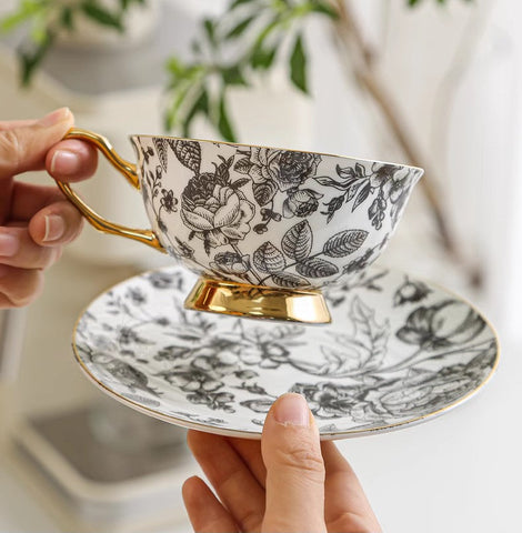 Elegant Flower Ceramic Cups, Unique Royal Coffee Cup and Saucer, Creative Bone China Porcelain Tea Cup Set, Beautiful British Tea Cups-artworkcanvas