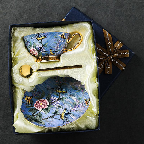 Unique British Tea Cup and Saucer in Gift Box, Blue Bird and Butterfly Bone China Porcelain Tea Cup Set, Elegant British Ceramic Coffee Cups-artworkcanvas