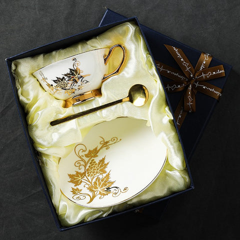 Golden Leaves and Grapes Bone China Porcelain Tea Cup Set, Unique British Tea Cup and Saucer in Gift Box, Elegant British Ceramic Coffee Cups-artworkcanvas