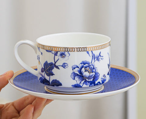 Elegant Blue Flower Ceramic Cups, Creative Bone China Porcelain Tea Cup Set, Unique Royal Coffee Cup and Saucer, Beautiful Flower British Tea Cups-artworkcanvas