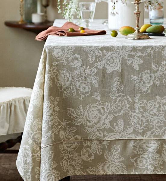 French Flower Pattern Tablecloth for Round Table, Vintage Rectangle Tablecloth for Dining Room Table, Rustic Farmhouse Table Cover for Kitchen-artworkcanvas