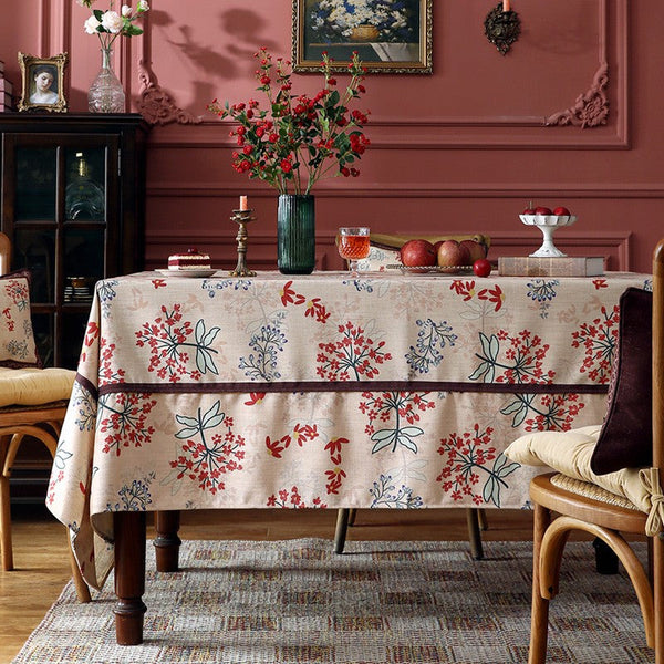 Rustic Flower Pattern Linen Farmhouse Table Cloth, Large Modern Rectangle Tablecloth Ideas for Dining Table, Square Linen Tablecloth for Round Dining Room Table-artworkcanvas