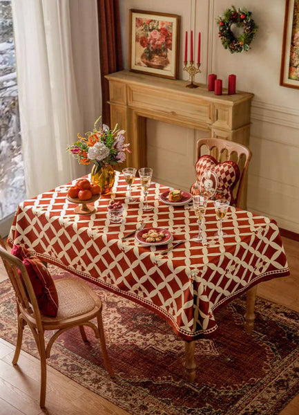 Holiday Red Tablecloth for Dining Table, Rabbit Pattern Table Cover for Dining Room Table, Modern Rectangle Tablecloth for Oval Table-artworkcanvas