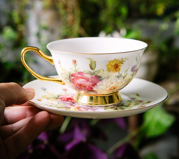 Elegant Rose Flower Ceramic Cups, Unique Royal Coffee Cup and Saucer, Creative Bone China Porcelain Tea Cup Set, Beautiful British Tea Cups-artworkcanvas