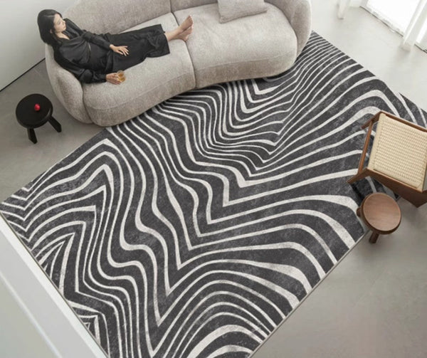 Mid Century Area Rugs for Living Room, Black Stripe Area Rugs under Sofa, Abstract Contemporary Rugs for Bedroom, Modern Carpets for Office, Dining Room Floor Rugs-artworkcanvas