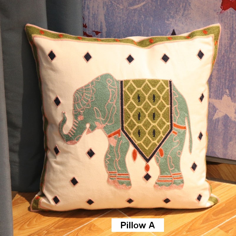 Cotton Decorative Pillows, Elephant Embroider Cotton Pillow Covers, Farmhouse Decorative Sofa Pillows, Decorative Throw Pillows for Couch-artworkcanvas