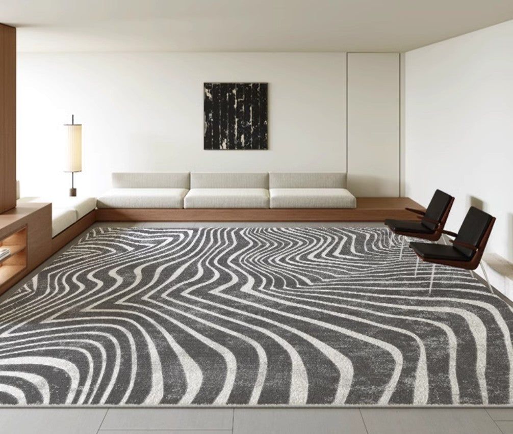 Abstract Contemporary Rugs for Bedroom, Black Stripe Area Rugs under Sofa, Mid Century Area Rugs for Living Room, Modern Carpets for Office, Dining Room Floor Rugs-artworkcanvas