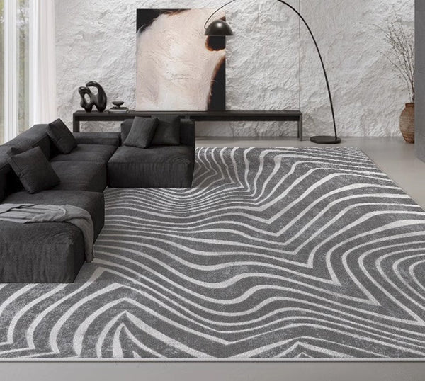 Abstract Contemporary Rugs for Bedroom, Black Stripe Area Rugs under Sofa, Mid Century Area Rugs for Living Room, Modern Carpets for Office, Dining Room Floor Rugs-artworkcanvas