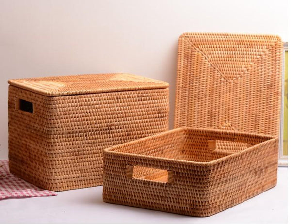 Extra Large Storage Baskets for Shelves, Wicker Rectangular Storage Baskets for Living Room, Rattan Storage Basket with Lid, Storage Baskets for Clothes-artworkcanvas