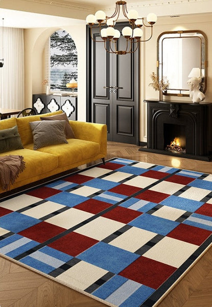 Geometric Modern Rugs for Dining Room, Mid Century Modern Living Room Rugs, Blue Contemporary Area Rugs for Bedroom, Dining Room Floor Carpets-artworkcanvas