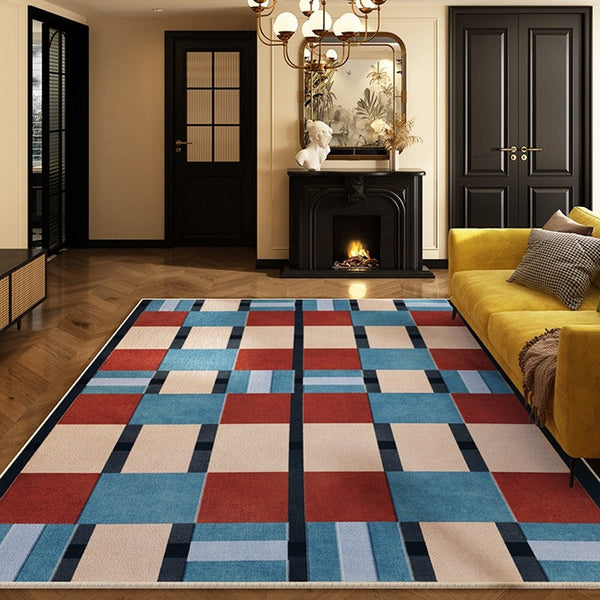 Geometric Modern Rugs for Dining Room, Mid Century Modern Living Room Rugs, Blue Contemporary Area Rugs for Bedroom, Dining Room Floor Carpets-artworkcanvas