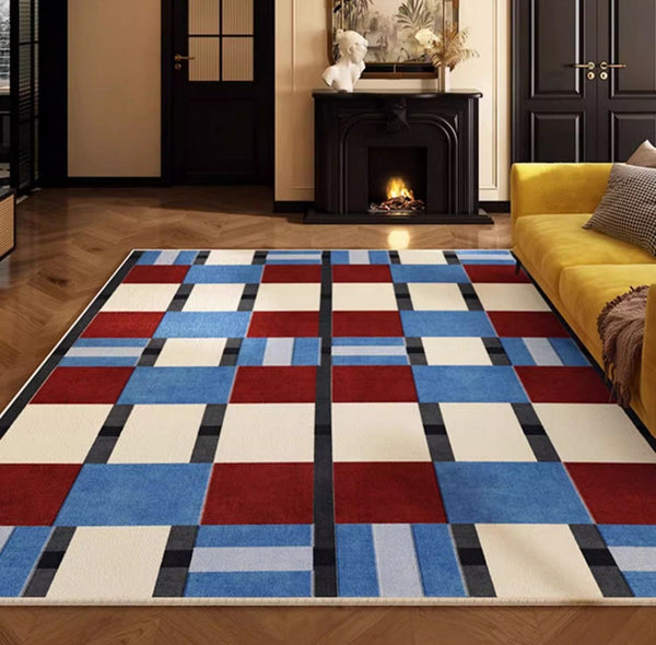 Geometric Modern Rugs for Dining Room, Mid Century Modern Living Room Rugs, Blue Contemporary Area Rugs for Bedroom, Dining Room Floor Carpets-artworkcanvas