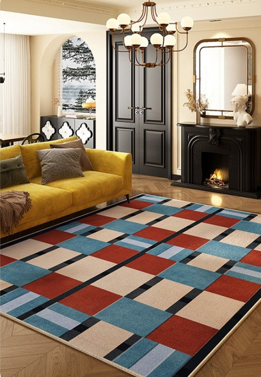 Large Geometric Floor Carpets, Blue Modern Area Rugs under Dining Room Table, Modern Living Room Area Rugs, Mid Century Modern Rugs-artworkcanvas