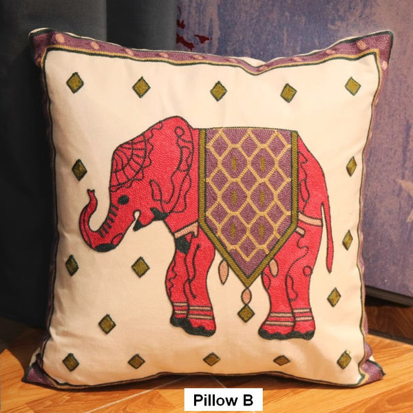 Cotton Decorative Pillows, Elephant Embroider Cotton Pillow Covers, Farmhouse Decorative Sofa Pillows, Decorative Throw Pillows for Couch-artworkcanvas