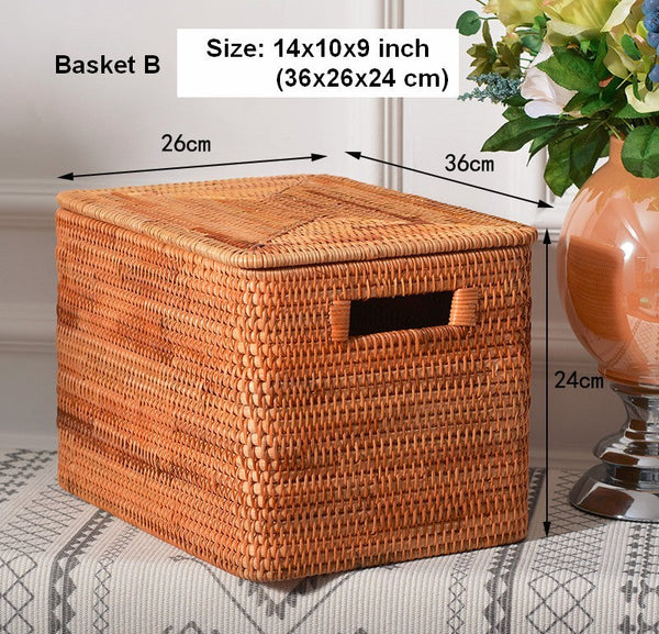 Square Storage Basket with Lid, Extra Large Storage Baskets for Clothes, Rattan Storage Basket for Shelves, Oversized Storage Baskets for Kitchen-artworkcanvas