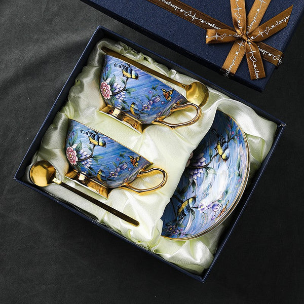 Blue Bird and Butterfly Bone China Porcelain Tea Cup Set, Unique British Tea Cup and Saucer in Gift Box, Elegant British Ceramic Coffee Cups-artworkcanvas