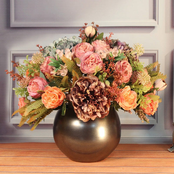 Large Bunch of Autumn Flowers Arrangement Interior Design, Unique Artificial Floral Arrangement for Dining Room, Peony Faux Silk Floral Bouquet Table Centerpiece-artworkcanvas