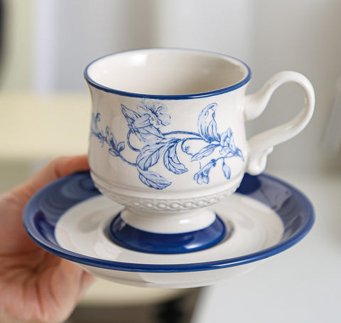 Creative Blue Coffee Cup and Saucer, Elegant Ceramic Cups for Afternoon Tea, Creative Porcelain Tea Cup Set, Beautiful British Tea Cups-artworkcanvas