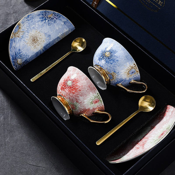 Unique Tea Cups and Saucers in Gift Box, Blue and Pink Beautiful British Tea Cups, Elegant Ceramic Coffee Cups, Creative Bone China Porcelain Tea Cup Set-artworkcanvas