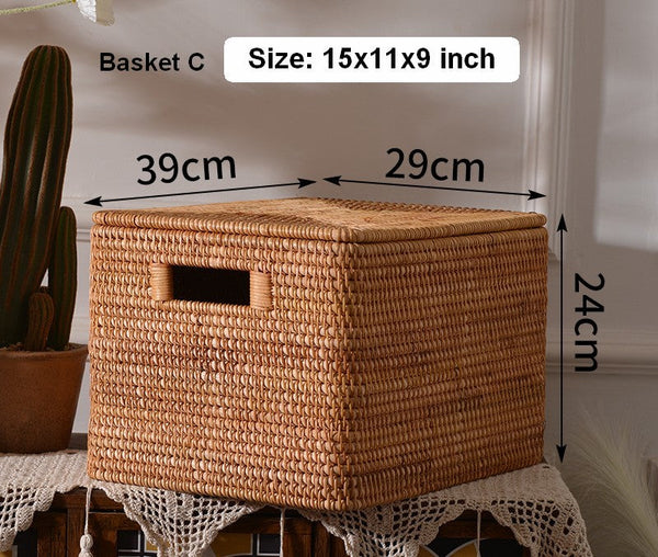 Extra Large Storage Baskets for Clothes, Oversized Rectangular Storage Basket with Lid, Wicker Rattan Storage Basket for Shelves, Storage Baskets for Bedroom-artworkcanvas