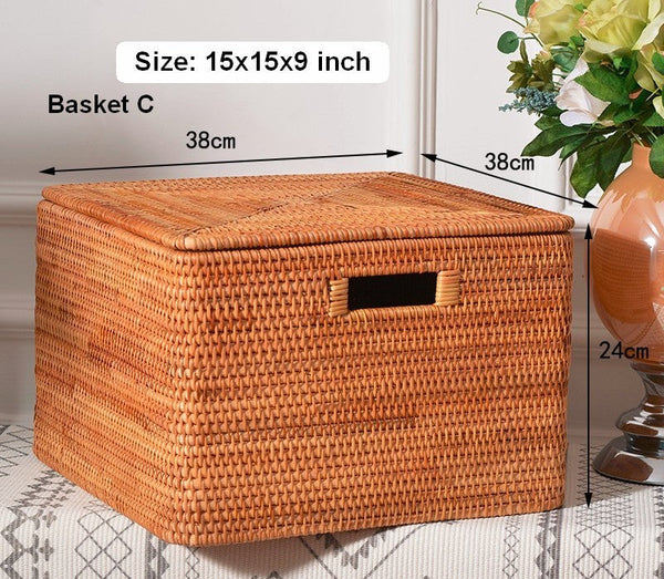 Square Storage Basket with Lid, Extra Large Storage Baskets for Clothes, Rattan Storage Basket for Shelves, Oversized Storage Baskets for Kitchen-artworkcanvas