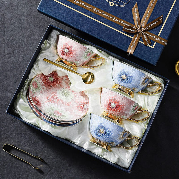 Unique Tea Cups and Saucers in Gift Box, Blue and Pink Beautiful British Tea Cups, Elegant Ceramic Coffee Cups, Creative Bone China Porcelain Tea Cup Set-artworkcanvas