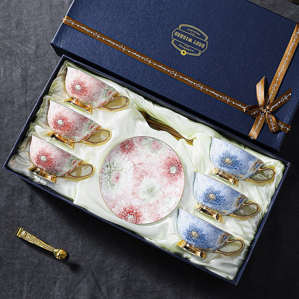 Unique Tea Cups and Saucers in Gift Box, Blue and Pink Beautiful British Tea Cups, Elegant Ceramic Coffee Cups, Creative Bone China Porcelain Tea Cup Set-artworkcanvas