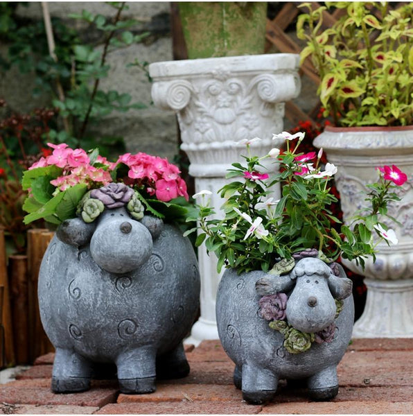 Lovely Sheep Statue for Garden, Sheep Flower Pot, Animal Statue for Garden Courtyard Ornament, Villa Outdoor Decor Gardening Ideas-artworkcanvas